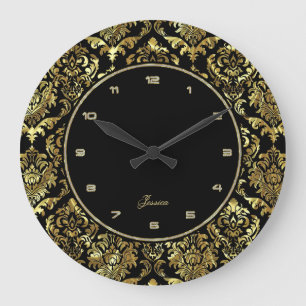 Zwarte en Faux Gold Floral Damaskers Grote Klok
