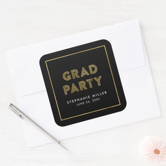 Zwarte en Faux Gold Geometric Afstudeerder Party Vierkante Sticker (Envelop)
