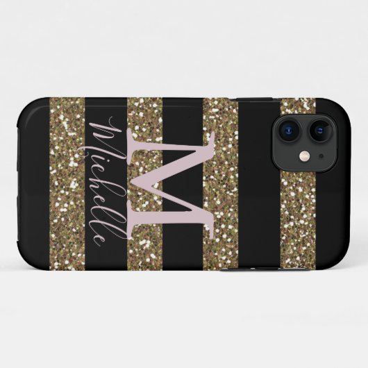 Zwarte en Faux Gold Glitter Stripes met monogram Case-Mate iPhone Case (Achterkant (horizontaal))