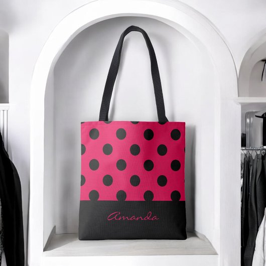 Zwarte en Fuchsia Chic Polka Dots met monogram Tote Bag