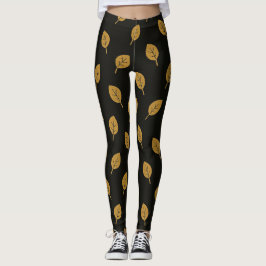 Zwarte en Gedempte Gouden Bladeren Leggings