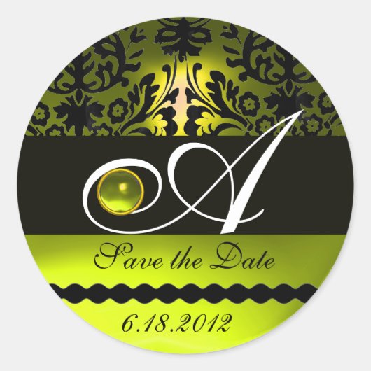 ZWARTE EN GEEL DAMASKMONOGRAM, Topaz Ronde Sticker (Voorkant)