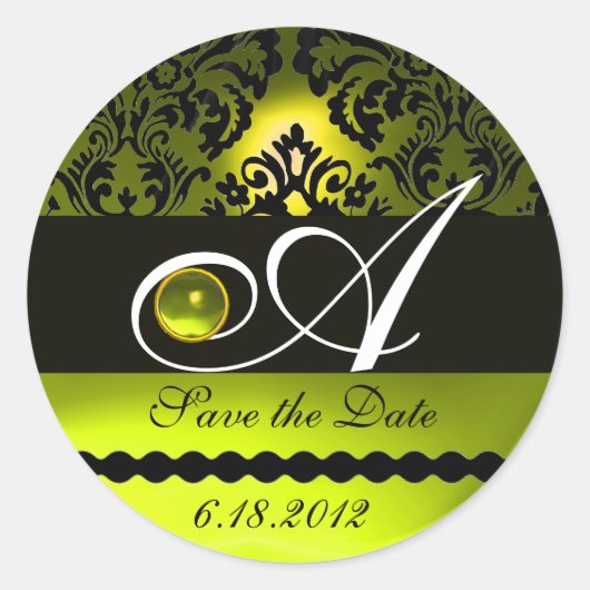 ZWARTE EN GEEL DAMASKMONOGRAM, Topaz Ronde Sticker (Voorkant)
