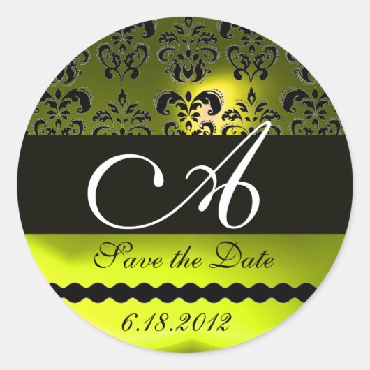 ZWARTE EN GEEL TOPAZ DAMASKMONOGRAM, RONDE STICKER (Voorkant)