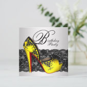 Zwarte en gele hoge hak schoen verjaardagsfeest kaart (Staand voorkant)
