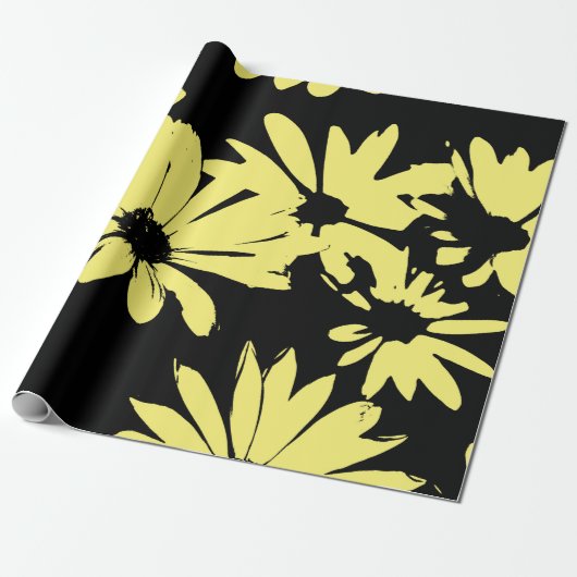 Zwarte en gele madeliefjes cadeaupapier (Uitgerold)