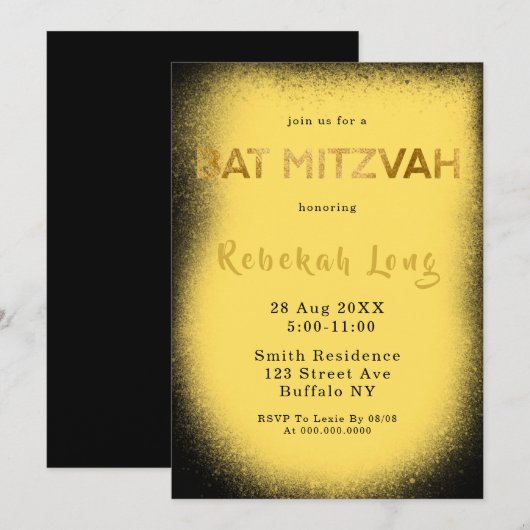 Zwarte en gele roke bat Mitzvah-uitnodigingen (Voorkant / Achterkant)