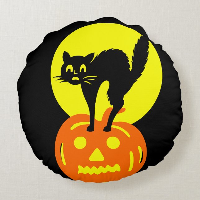 Zwarte en gele schedels Pumpkin Cat Halloween Rond Kussen (Achterkant)