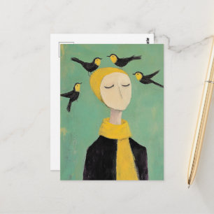 Zwarte en gele vogels op haar hoofd Whimsy-schilde Briefkaart