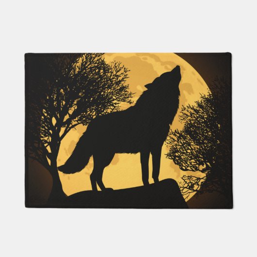 Zwarte en gele Wolf Full Moon Doormat Deurmat (Voorkant)