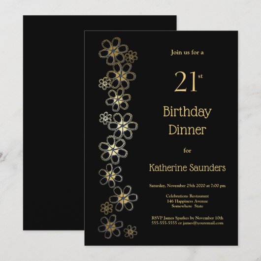 Zwarte en Gold 21ste verjaardag Dinner Party Kaart (Voorkant / Achterkant)