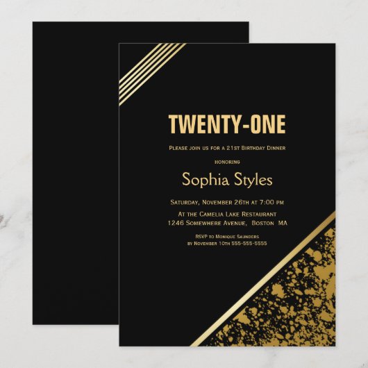 Zwarte en Gold 21ste verjaardag Dinner Party Kaart (Voorkant / Achterkant)