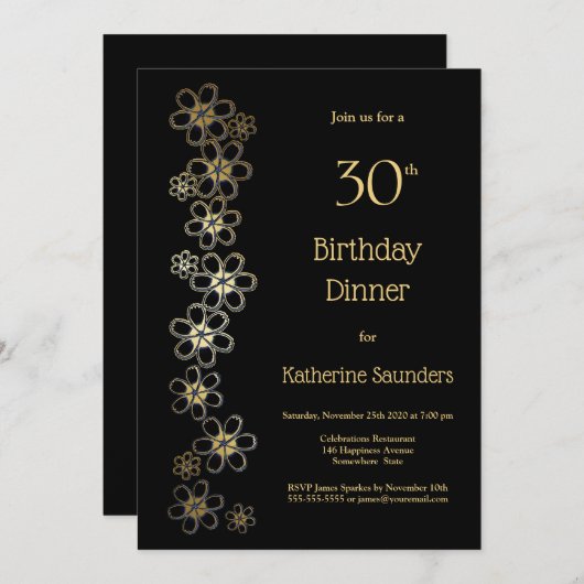 Zwarte en Gold 30e verjaardag Dinner Party Kaart (Voorkant / Achterkant)
