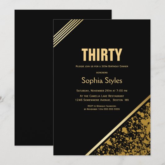 Zwarte en Gold 30e verjaardag Dinner Party Kaart (Voorkant / Achterkant)