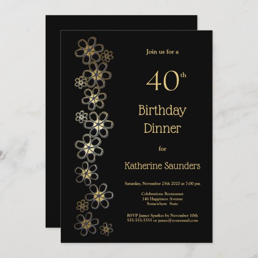 Zwarte en Gold 40e geboortedag Kaart (Voorkant / Achterkant)