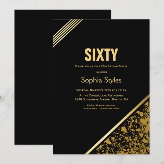 Zwarte en Gold 60e verjaardag Dinner Party Kaart (Voorkant / Achterkant)