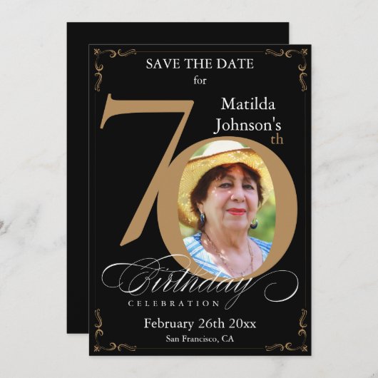 Zwarte en Gold 70e verjaardag Opslaan Datum Aangep Kaart (Voorkant / Achterkant)