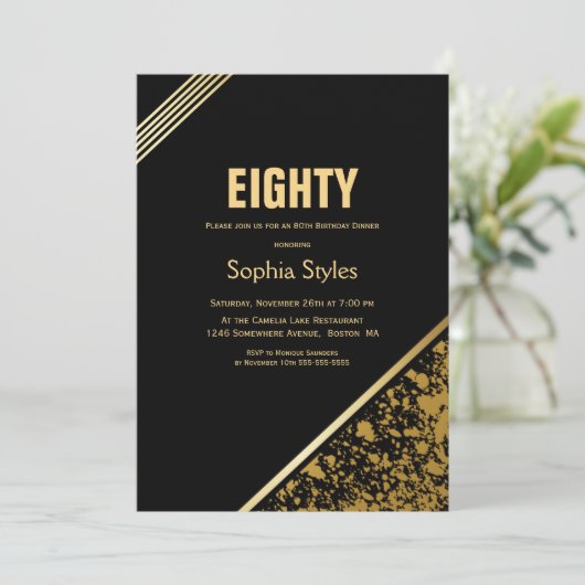 Zwarte en Gold 80e verjaardag Dinner Party Kaart (Staand voorkant)