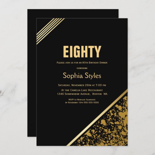 Zwarte en Gold 80e verjaardag Dinner Party Kaart (Voorkant / Achterkant)