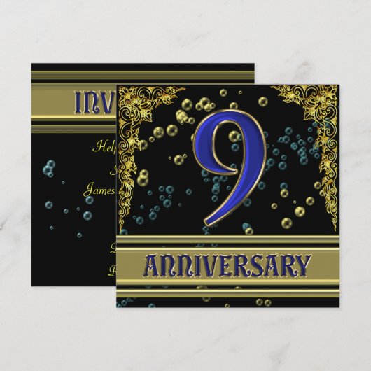 Zwarte en Gold 9de Jubileum partij Kaart (Voorkant / Achterkant)