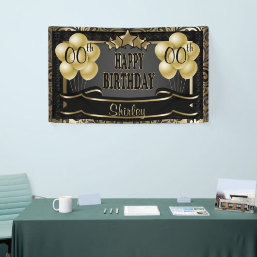 Zwarte en Gold Abstracte Happy 00th Birthday Spandoek (Beurs)