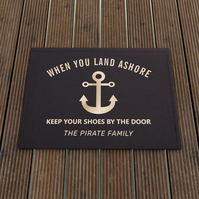 Zwarte en Gold Anchor Nautical Welcome Doormat Deurmat (Creator heeft geüpload)