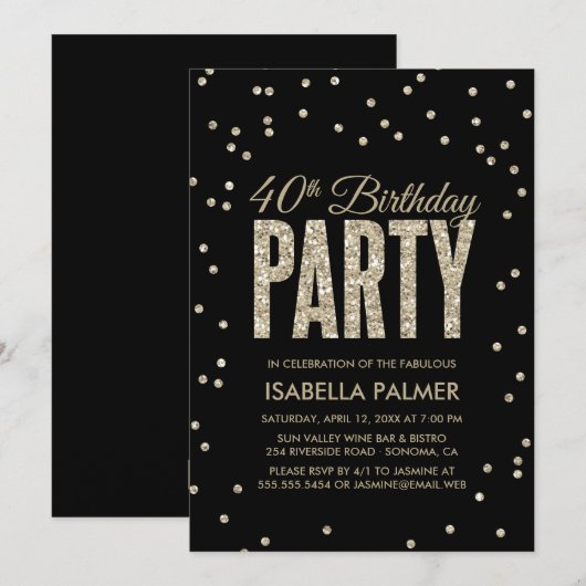 Zwarte en Gold Confetti 40e verjaardag Kaart (Voorkant / Achterkant)