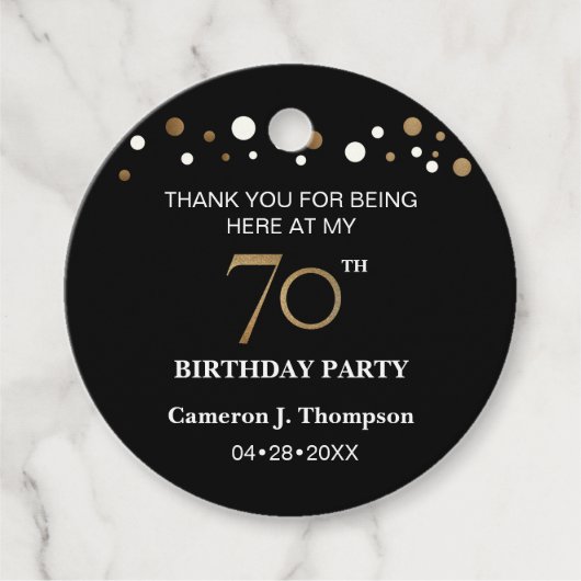 Zwarte en Gold Confetti 70e verjaardag Bedankjes Labels (Voorkant)