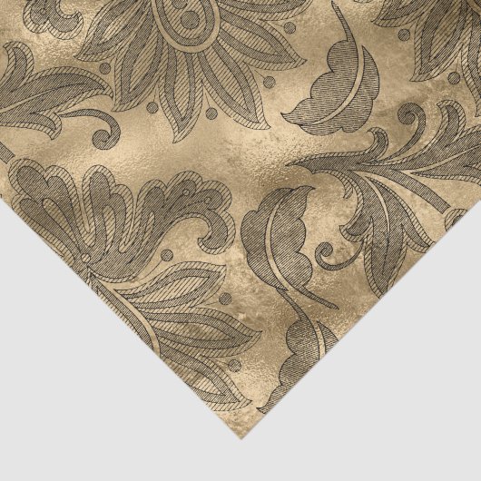 Zwarte en Gold Faux Folie Damask Tissuepapier (Detail)