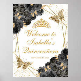 Zwarte en Gold Floral Quinceanera Welkomstteken Poster