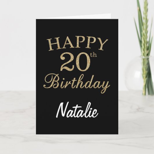 Zwarte en Gold Glitter 20th Birthday Card Kaart (Voorkant)