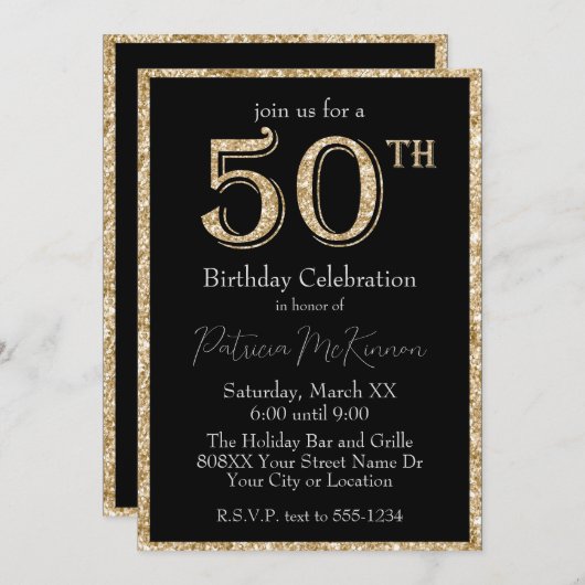 Zwarte en Gold Glitter 50th Birthday Kaart (Voorkant / Achterkant)