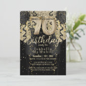 Zwarte en Gold Glitter 70th Birthday Kaart (Staand voorkant)