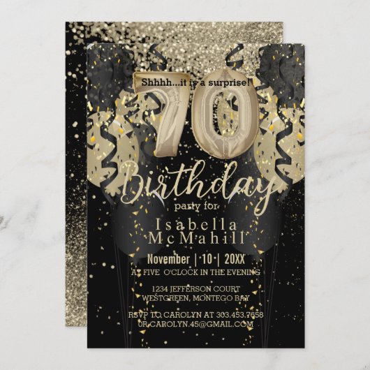 Zwarte en Gold Glitter 70th Birthday Kaart (Voorkant / Achterkant)