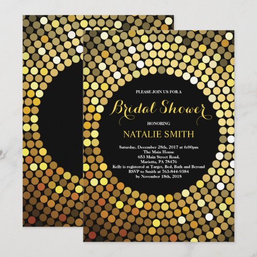 Zwarte en Gold Glitter Bridal Shower-uitnodiging Kaart (Voorkant / Achterkant)