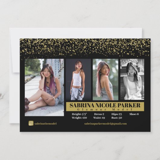 Zwarte en Gold Glitter Photo Comp Card Kaart (Voorkant)