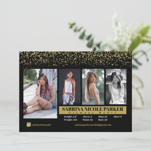 Zwarte en Gold Glitter Photo Comp Card Kaart (Staand voorkant)