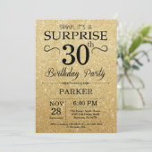 Zwarte en Gold Glitter Surprise 30th Birthday Kaart (Staand voorkant)