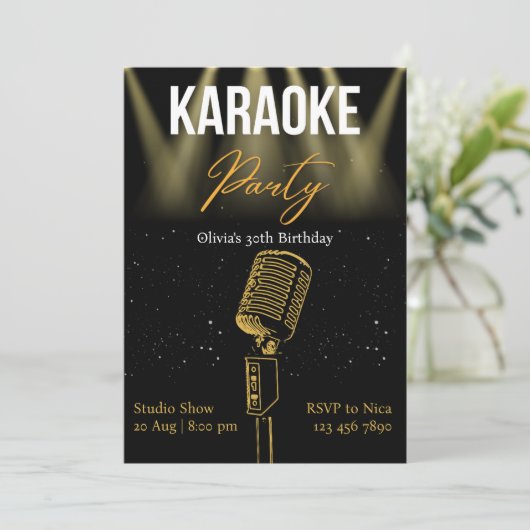 Zwarte en Gold Modern Karaoke Birthday Party Kaart (Staand voorkant)