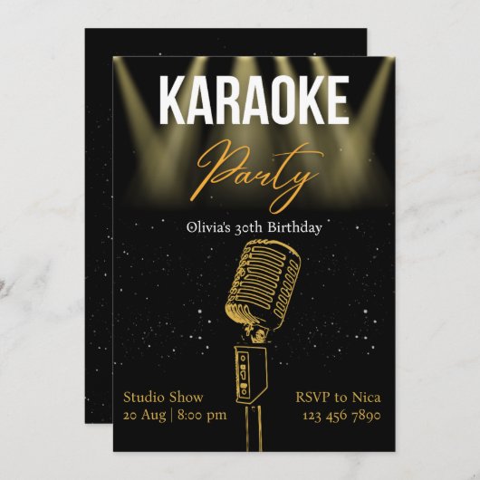 Zwarte en Gold Modern Karaoke Birthday Party Kaart (Voorkant / Achterkant)