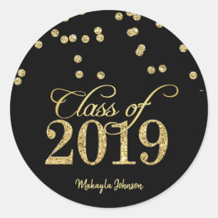 Zwarte en Gold Polka-stippen Glitter Class of 2019 Ronde Sticker