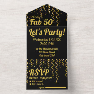 Zwarte en Gold Ribbons Fab 50 Birthday Party All In One Uitnodiging
