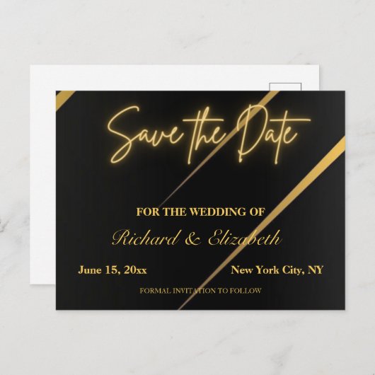 Zwarte en Gold Streaks Sla de datum op Briefkaart (Voorkant / Achterkant)