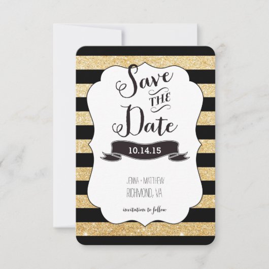 Zwarte en Gold Stripes slaan de datum op Save The Date (Voorkant)