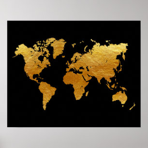 Zwarte en Gold-Wereldkaart Poster