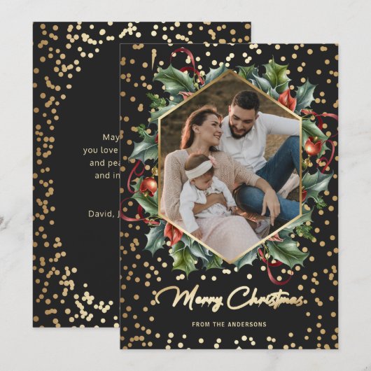 Zwarte en Gold Wreatfoto-kerstkaarten Feestdagenkaart (Voorkant / Achterkant)
