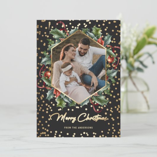 Zwarte en Gold Wreatfoto-kerstkaarten Feestdagenkaart (Staand voorkant)
