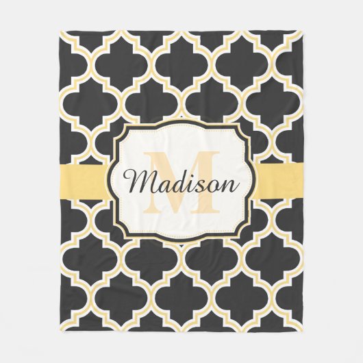 Zwarte en Golden Moroccan Quatrefoil Fleece Deken (Voorkant)