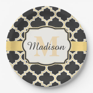 Zwarte en Golden Moroccan Quatrefoil Papieren Bordje