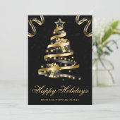 Zwarte en goudblauwe lint kerstmis feestdagenkaart (Staand voorkant)